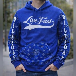 Live Fast Blue Bandana Print Hoodie Mens XL Streetwear Graphic Pullover